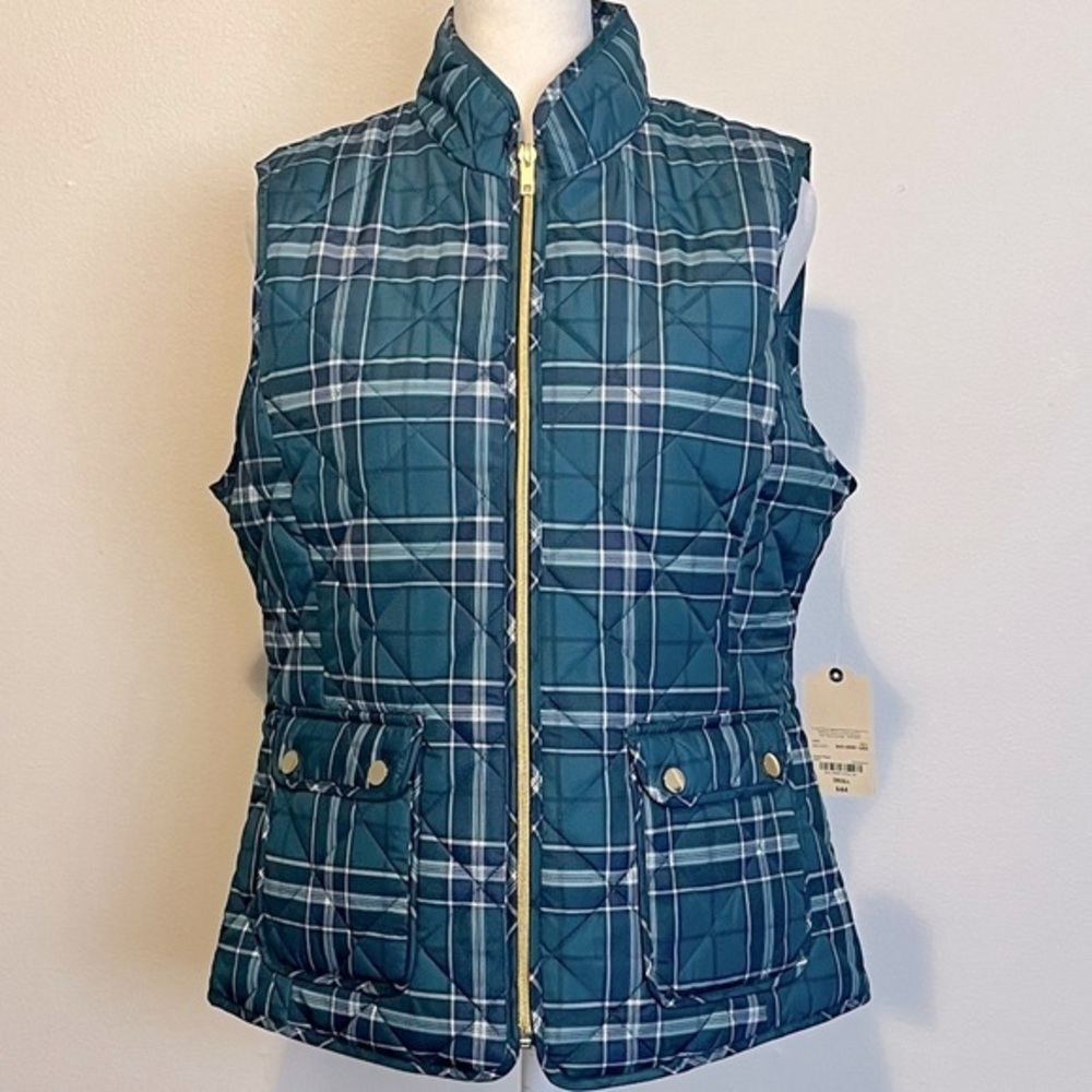 Tartan plaid puffer vest with gold hardware